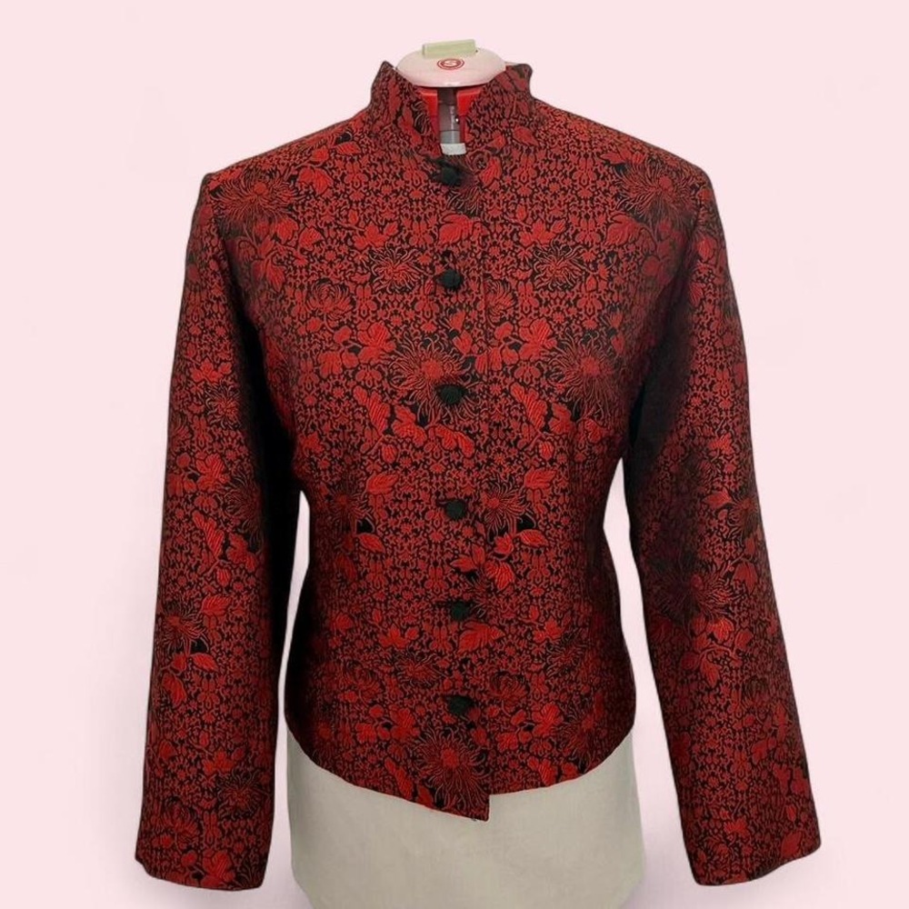 Vintage Red & Black Floral 72% Silk Mandarin Jacket — Size 14 (fits L/XL)